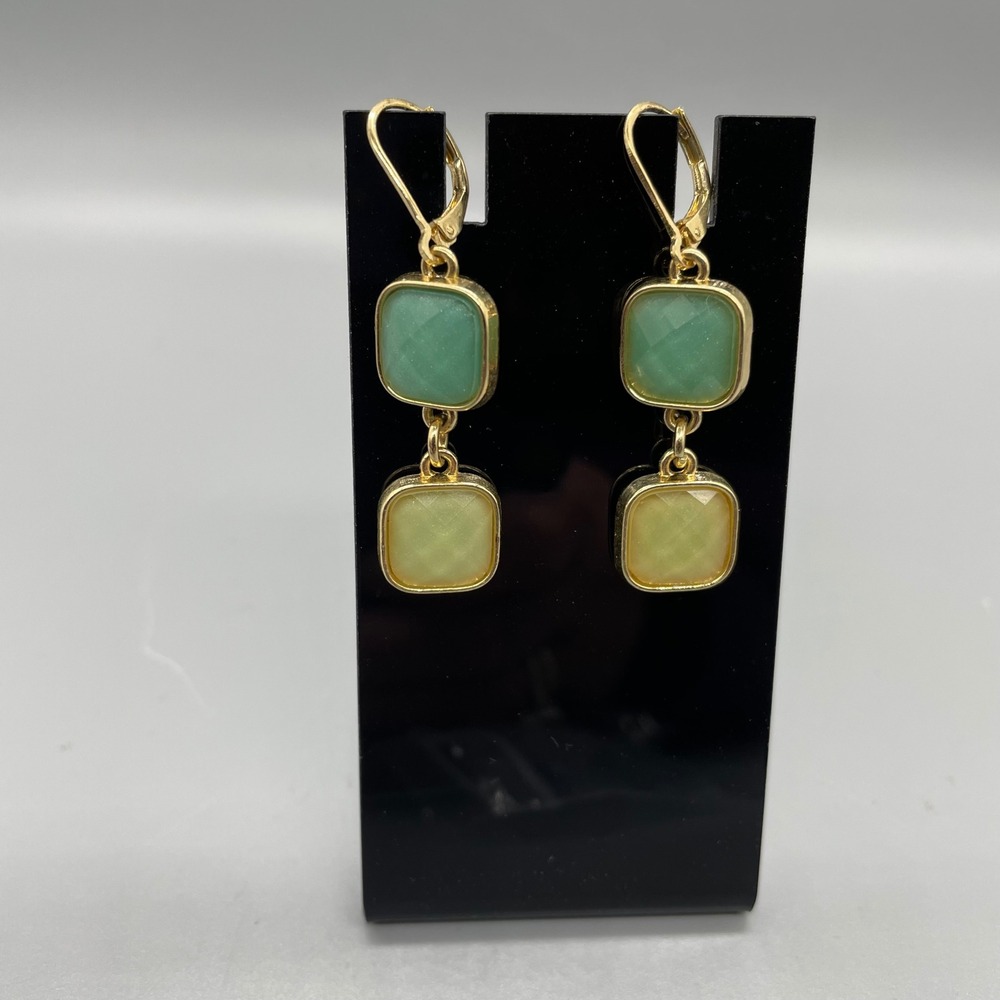 Lauren Conrad Gold Tone Green Yellow Square Resin Stone Drop Earrings Lever Back